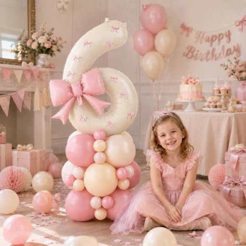 Image of 40 Inch Pink Beige Number 6 Balloon Tower with Bow 6th Birthday Decorations
