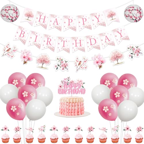 Bannière Happy Birthday fleur de cerisier avec ballons et lanterne papier pour femme