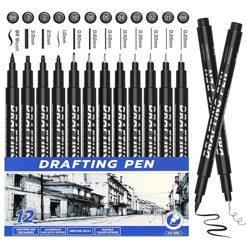 scondou Set of 12 Fineliner Ink Pens, Micro Pens, Black, Various Nib Sizes, Waterproof Ink, Perfect for Drawing, Sketching, Writing, Journaling