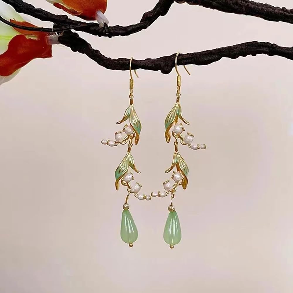 Lily of the Valley Long Dangle Drop Earrings for Women Gold Plated Elegant White Flower Green Leaf Enamel Teardrop Resin Dangling Statement Hook Spring Summer Holiday Hypoallergenic Fashion Jewelry - Image 2