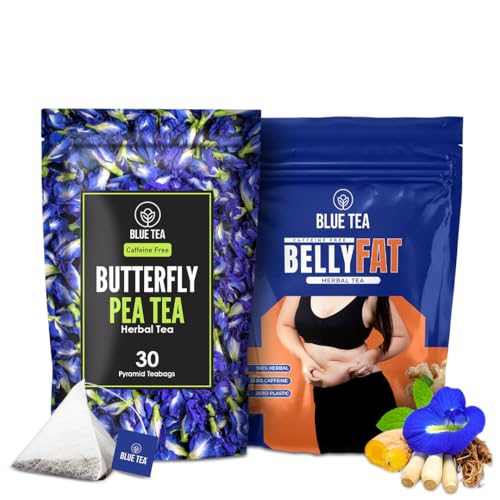 Image of BLUE TEA - Butterfly Pea & Belly Tea (30 Tea Bags) - Pyramid Plant Based | Antioxidant Rich | Helps Manage Weight | Caffeine Free - Detox - Flower Based - Herbal Tea | Ziplock Pack