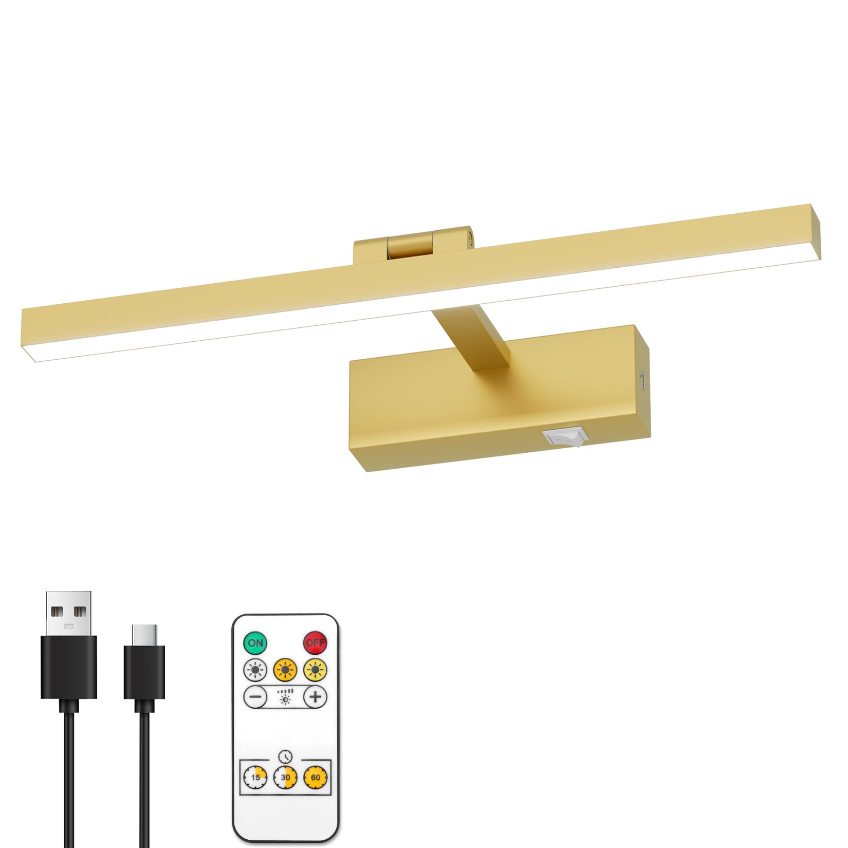 CoinmitGold Battery Operated Picture Light for Paintings with Remote, Wireless Dimmable Art Light, 16" Gold Rechargeable Wall Light for Dartboard Artwork Picture Frame