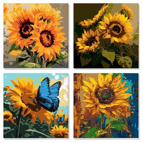 EOBROMD 4 Piezas Girasol Pintar por Numeros Adultos, Pintura por Números con Marco, Kit de Pintura al óleo de Lienzo DIY para con Pinceles, Pigmento Acrílico, Decoración para el Hogar 20x20cm ⭐