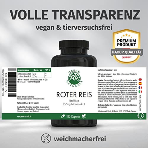 Green Naturals® Roter Reis Kapseln - Hochdosiert: 2,7 mg Monakolin K pro Kapsel - Fermentierter Roter Reis - Vorrat für 6 Monate (180 vegane Kapseln)