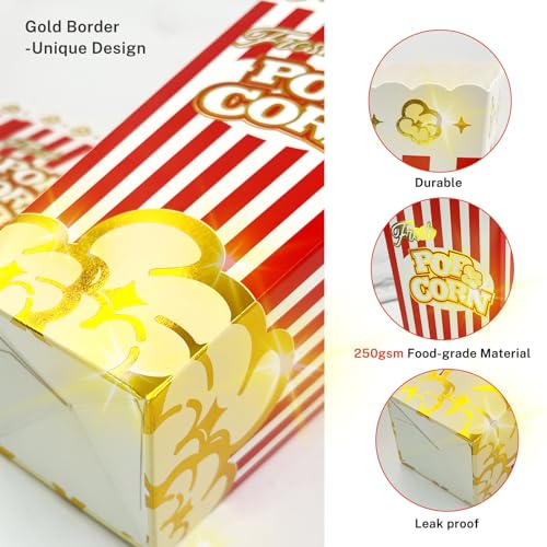 Image of SNAIL GARDEN 30Pcs 46oz Large Popcorn Boxes for Movie Night with Gold Border, Hollywood Birthday Party - Disposable Red /White Stripes Snack Containers, Durable Food Boxes