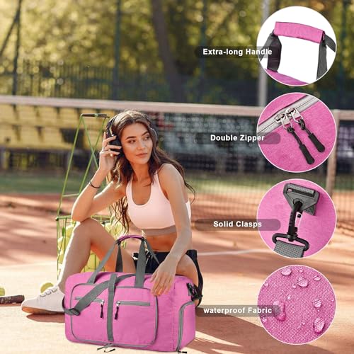 Dimayar 40L Travel Duffle Bag for Men Women - Foldable Duffel Bag with Shoes Compartment - Overnight Bags Waterproof & Tear Resistant(Rouge Pink)