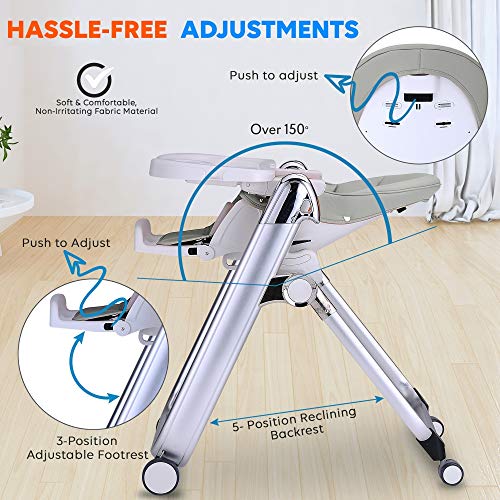 Baby Feeding High Chair Seat - Space Saving Baby Toddler Booster Eating High Chair W/Wheels, Backrest, Footrest, Height Adjustment, Seat Cushion, Safety Belt, Detachable Food Tray - Serenelife Slhc62 #TOP3