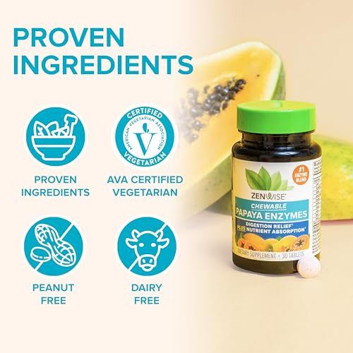 Zenwise Health Chewable Papaya Enzymes for Digestion & Gut Support - Chewable Digestive Enzyme Blend with Papain and Bromelain for Digestive Health & Bloating Relief - Women & Men - 30 Tablets