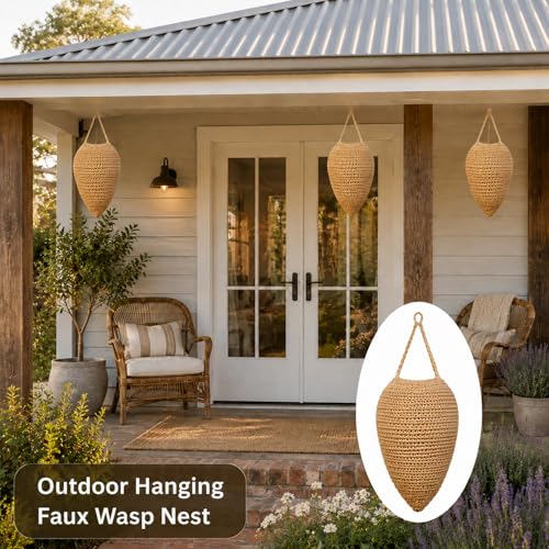3 Pack Large Crochet Wasp Nest Decoys – Faux Woven Hornet Nest Deterrent Outdoor Hanging Decorations for Patio, Trees, Eaves and Garden, Fake Natural Beehive Shaped Nest for Pest Control