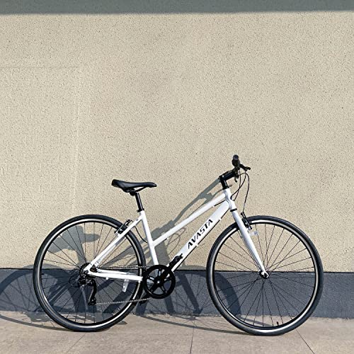 AVASTA Road Hybrid Bike for Women, Lightweight Step Throught 700c Aluminum Alloy Frame City Commuter Comfort Bicycle, 7-Speed Drivetrain, Color White