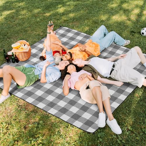 HAUSPROFI Picknickdecke 200x200cm, wasserdicht & isoliert - XXL Outdoor Decke für Picknick, Strand, Garten. Campingdecke mit Baumwolle gepolstert, Inkl. Tragegriff & Heringe, Grau/Weiß Kariert