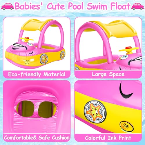 iGeeKid Inflatable Baby Pool Float with Canopy, Safty Seat for Infant Baby Swim Float Rings Car Shaped Swimming Pool Floaties for Babies Toddler Age of 6-36 Months (Pink) - Thumbnail 6