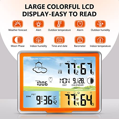 Foto von Wetterstation, kabelloses Innen- und Außenthermometer, 7,1 Zoll großes Farbdisplay, digitale Wetterstation mit RCC, Innen-Thermometer mit Atomuhr und Alarm, Kalender, Alarm, 3 einstellbare Licht
