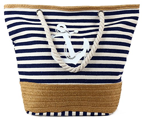 Pulama Womens' Large Canvas Tote Bag Shoulder Bag Striped Anchor Summer Handbag Top Handle Bag Straw Beach Bag Navy Blue Anchor Beach Bags for Women