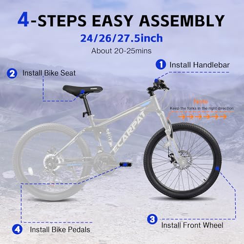 Ecarpat 24 Inch Mountain Bike, Dual Full Suspension Mountain Bike, 21-Speed Disc Brakes, Carbon Steel Frame,Trail Commuter City Bicycles