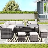 Affmitime 7 Pieces Patio Furniture Set, All Weather Wicker Outdoor Sectional Couch Sofa Dining Table Chair Set, Outside Furniture Conversation Set for Backyard Garden Poolside Balcony (Beige)