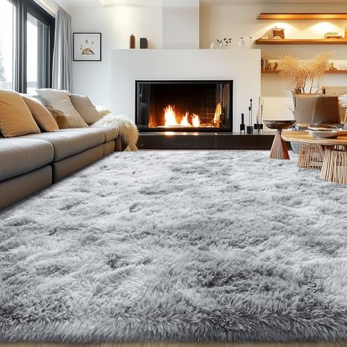 Rezutan Area Rugs 8x10 Living Room, Large Fluffy Rugs for Bedroom, Soft Carpet Shag Kids Room Rug,Fuzzy Rugs Indoor W/Non-Slip Bottom (Grey Tie-Dyed)