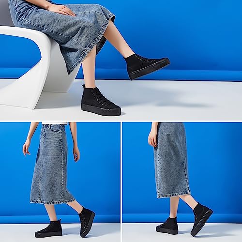 Women High Top Sneakers White Platform Sneakers,Canvas High Tops Fashion Shoes For Walking,Black Casual Lace Up Tennis Shoes(Comfortable,Breathable,Stylish)(Full Black,Us8) #TOP2