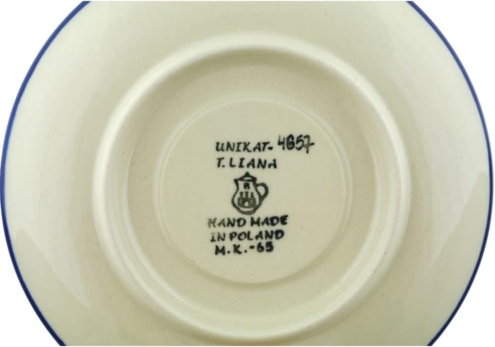 Polmedia Polish Pottery Cup with Saucer UNIKAT - Morning Glory Pattern Handmade in Boleslawiec Poland by Ceramika Artystyczna + Certificate of Authenticity