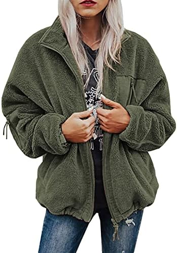 BTFBM Women 2023 Fall Winter Fleece Jackets Full Zip Long Sleeve Casual Soft Fuzzy Shaggy Teddy Coats Jacket Outerwear(Solid Green, Medium)
