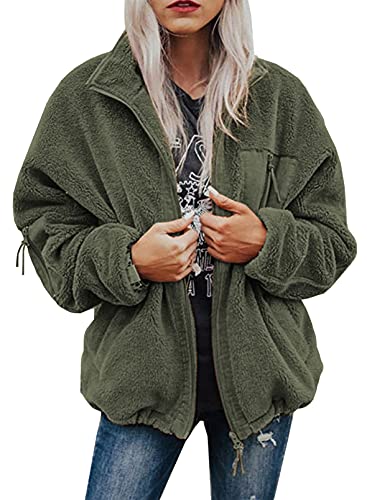Btfbm Women 2023 Fall Winter Fleece Jackets Full Zip Long Sleeve Casual Soft Fuzzy Shaggy Teddy Coats Jacket Outerwear(Solid Green, Medium) #TOP18