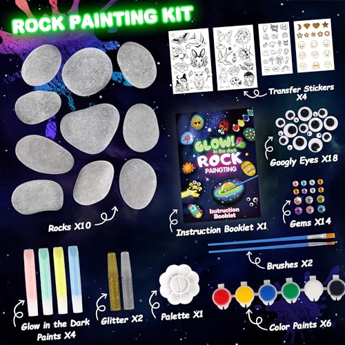 Kids Arts and Crafts Rock Painting Kit - Glow in The Dark - Arts & Crafts Birthday for Girls Ages 8-