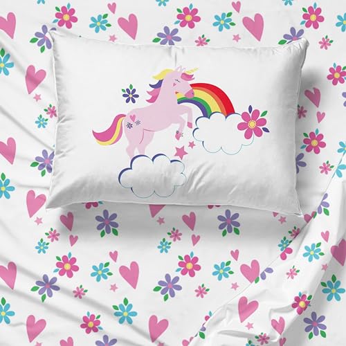 Image of Sunny Side Up Rainbow Unicorns Twin Sheet Set - 3 Piece Kids Bedding Set Includes Pillow Cover - Super Soft Floral Hearts Microfiber Sheets
