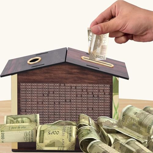 Image of Wooden Savings Bank Money Box - House-Shaped Piggy Bank with Multiple Slots - ₹1,00,000 Goal Tracker - Smart Coin & Cash Saving Box for Kids & Adults - Secure & Stylish Money Saving Organizer
