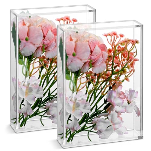 Oqqlin 2 Pcs Acrylic Shadow Box, 7 x 5 x 1.4 Inch Clear Tabletop Display Frame No Installation All Clear Memory Boxes for Dried Flowers, Photo, Collectibles