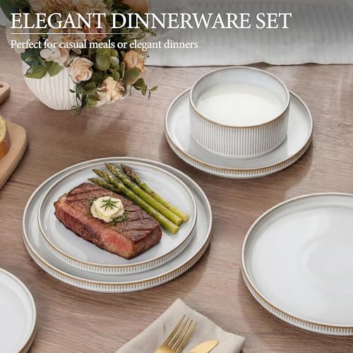 Image of E-far Stoneware Dinnerware Sets for 2, 6-Piece Plates and Bowls Sets, Chip & Scratch Resistant Ribbed Dish Set for Home Restaurant, Microwave & Dishwasher Safe, Creamy Beige