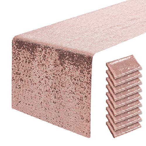 Pufogu 12 x 72 inches Rose Gold Sequin Table Runner, 6 Packs