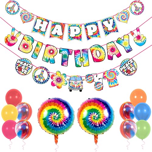 Pirese Tie Dye Birthday Party Decorations - Colorful Happy Birthday Banner Kit with Tie Dye Balloons & Swirls - Hippie Party Supplies 70s Theme Decor Happy Birthday Banner for Kids & Girls