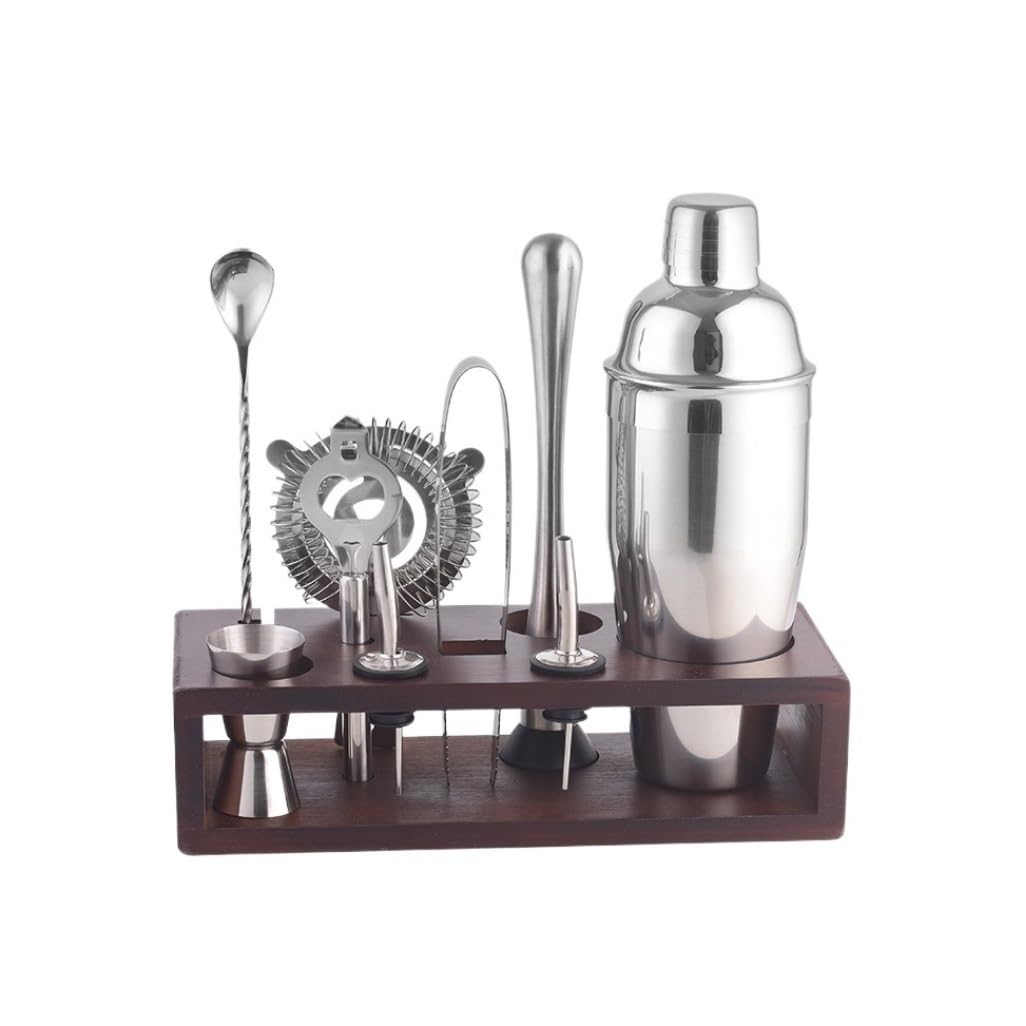 Coctelera Kit Kit Coctelería Vaso Mezclador de Acero Inoxidable, Juego Completo de Soporte de Madera, Juego de 10 Piezas, Vaso Mezclador de Barra Cocktail Kit Simple