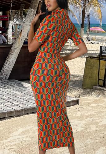 Image of ZERMOM Women's Button Down Shirt Dress Short Sleeve Print Collar V Neck Summer Bodycon Midi Dresses