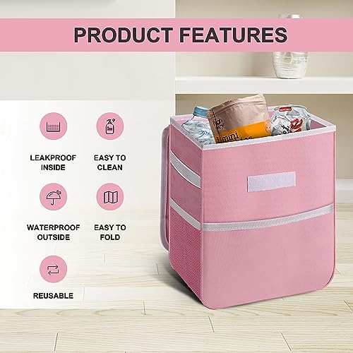 Image of Healsmart 2 Gallon Car Trash Can Lid and Storage Pockets, Leak-Proof Collapsible and Portable Organizer, Multipurpose Garbage Bin with Adjustable Straps, Pink