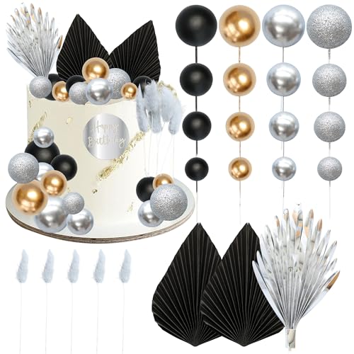Ephlyn 33 Pack Balls Cake Toppers Boho Palm Leaves Cake Decorations Round Acrylic Happy Birthday Cupcake Toppers for Birthday Wedding Baby Shower Party Supplies Black Silver