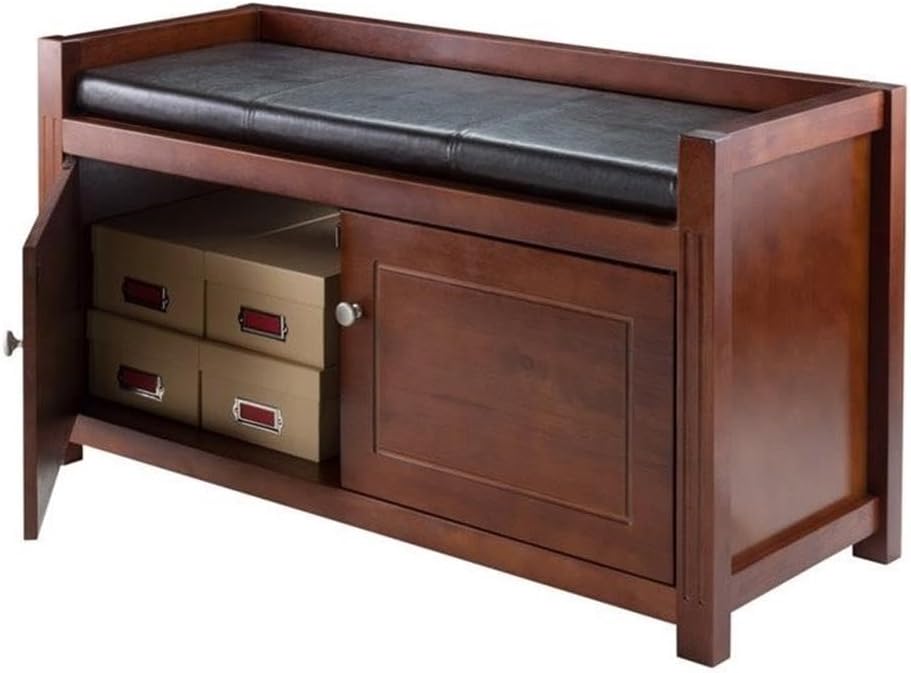 Pemberly Row 2-Piece Hall Storage Bench, 17.72" Seat Height, Solid Wood, Walnut Finish, Faux Leather Cushion, 2 Cabinets, Transitional Living Room Furniture for Seating and Storage