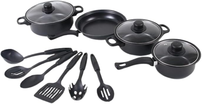 Pots and Frying Pan Set 13 Piece Non-Stick Cookware/Pot/Stew Pot/Pan/Multi Kitchenware 13 Items, Black