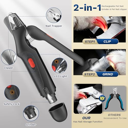 Image of 2 in 1 Dog Nail Clippers & Cat Nail Clippers Trimmers for Large Medium Small Dogs Cats Claw Trimmer Quick Sensor and Safety Guard USB Rechargeable Dogs Nail Trimmer with Catcher & 2 LED Lights