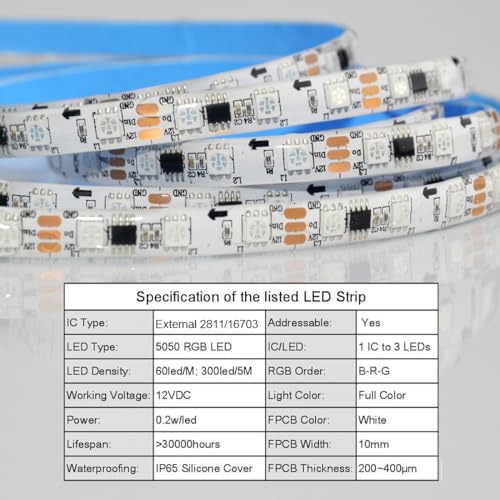 Image of 12V 2811 Pixel Programmable LED Strip Light, Fancy Dream Color, 5M /16Feet 300LED, Without Power Supply (IP65 Silicone Cover)