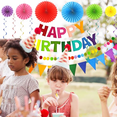 Image of CANREVEL 17 PCS Pre-Strung 3D Rainbow Happy Birthday Banner, Multi Streamer