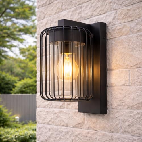 CGC Lighting Outdoor Outside Wall Light Black Modern, E27 Bulb, Mains Powered, Garden, Porch, Patio (Black Cage)