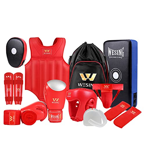 Wesing Martial Arts Protector Equipments Sanda Kickboxing kit 11pcs Gear Set for Men Women (M, Red)