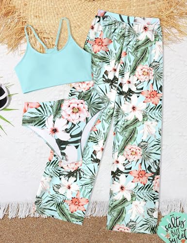 Image of NECIOUS Girls Swimsuit, 3 Piece Bikini Bathing Suit Tropical Floral Swimwear with Cover Up Pants 7-16Y