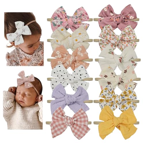 Image of Esumun Baby Girls Floral Hair Bow Headbands 12 PCS, Flower Bow Stretchy Elastic Hairband for Newborn Infant Toddlers (pink NB 12 pcs)