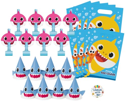 Unique Baby Shark - Party Favor Bundle | Serves 8 Guests| Includes Hats Blowouts Goodie Bags & a Sticker | Baby Shark Themed Birthday Supplies for Kids Parties | Officially Licensed
