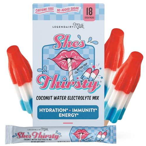 Image of Legendairy Milk She’s Thirsty Retro Pop, No Sugar Added Electrolytes Powder Packets–Coconut Water Mix for Women, Instant Hydration Packets, Immune Support, Pregnancy Safe, 18 Ct