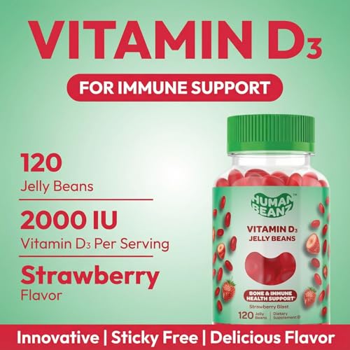 Image of Human Beanz Vitamin D3 Jelly Bean Gummies 2000 IU, Adults, 120 Strawberry | Immunity Support, Nutritional Vegetarian Supplement, Kosher Vitamins, Strawberry Blast Jelly Beans, Simple Daily Use
