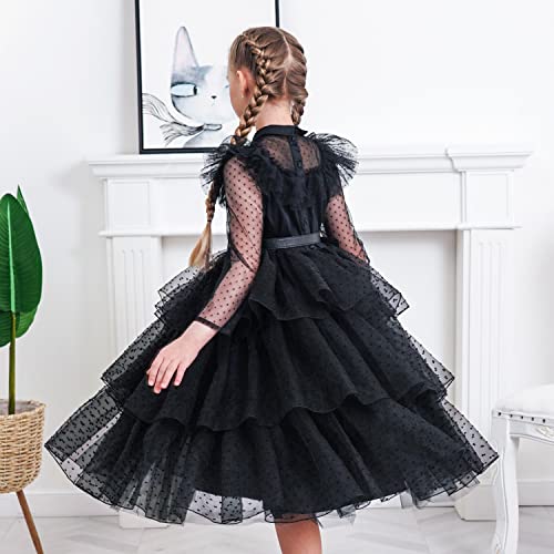 Sunny Fashion Girls Dress Black Lace Long Sleeve Organza Ruffle Polka Belt4