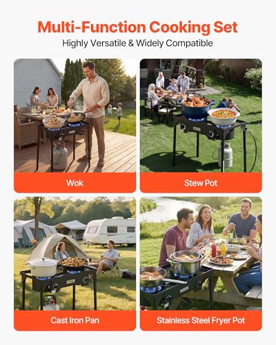 Image of VEVOR 2 Burner Outdoor Propane Gas Stove, 150,000 BTU Propane LPG Gas Camping Stove, Heavy Duty Carbon Steel Outdoor Cooker, with Shield & Tall Stand & PSI Regulator, for BBQ Camp Home Patio Backyard